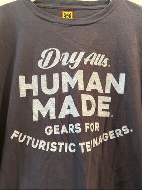 Human Made RARE ‘Dry Alls' two sided Graphic Long Sleeve Tee men’s size M Navy